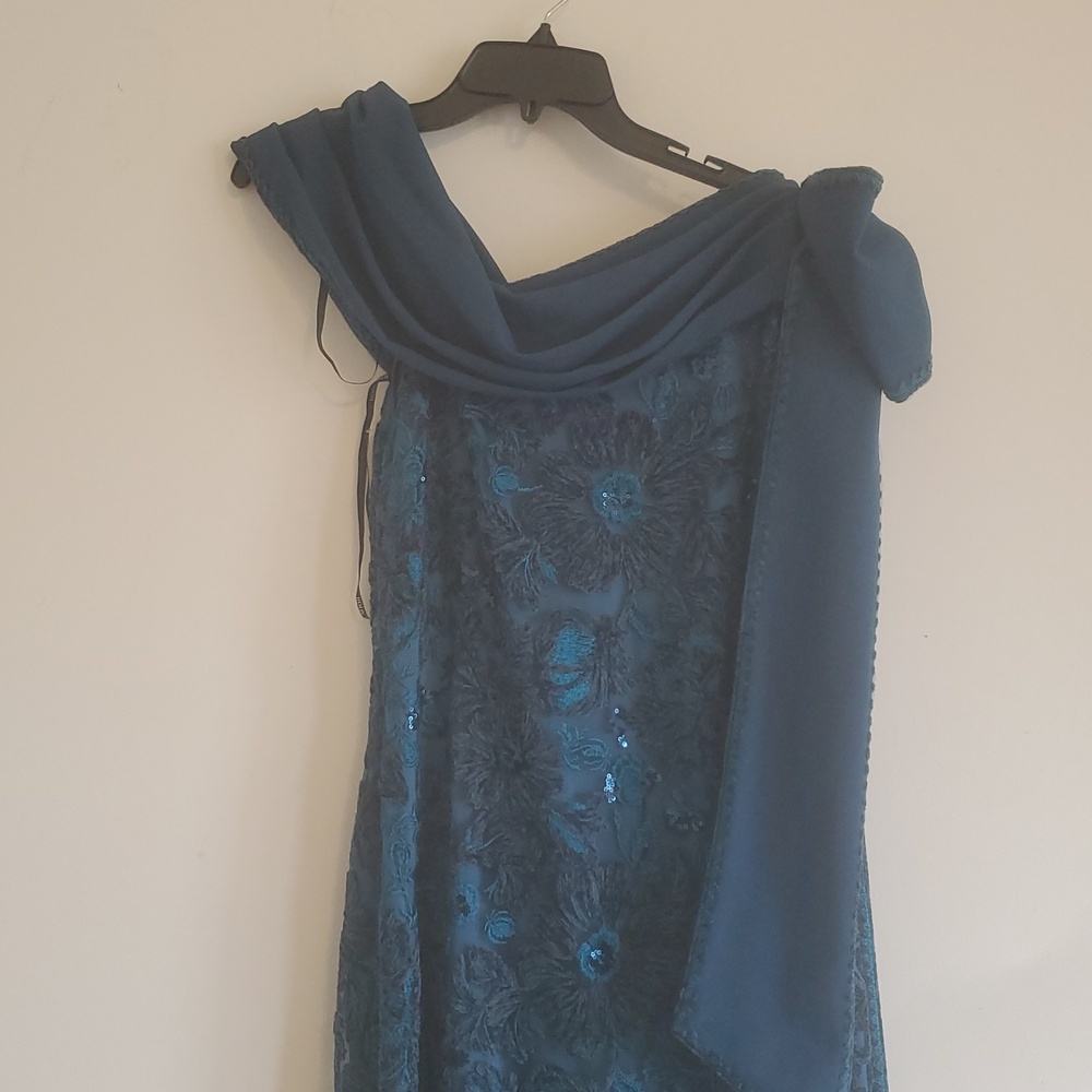 TADASHI SHOJI BEADED FLORAL ONE-SHOULDER GOWN; SIZE:10;COLOR:BLUE - Picture 6 of 13